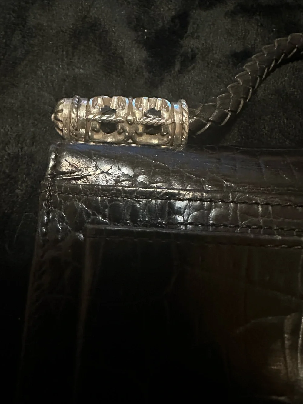 BRIGHTON Black Croc-Embossed Leather Top-Handle Bag Compartments GALORE